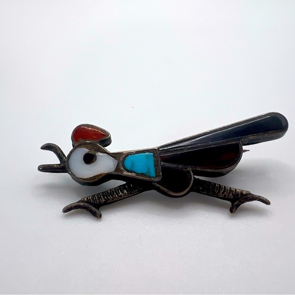 Multi Gemstone Turquoise, Spiny Oyster Inlay Sterling Silver 925 Bird Brooch Pin - Picture 1 of 3